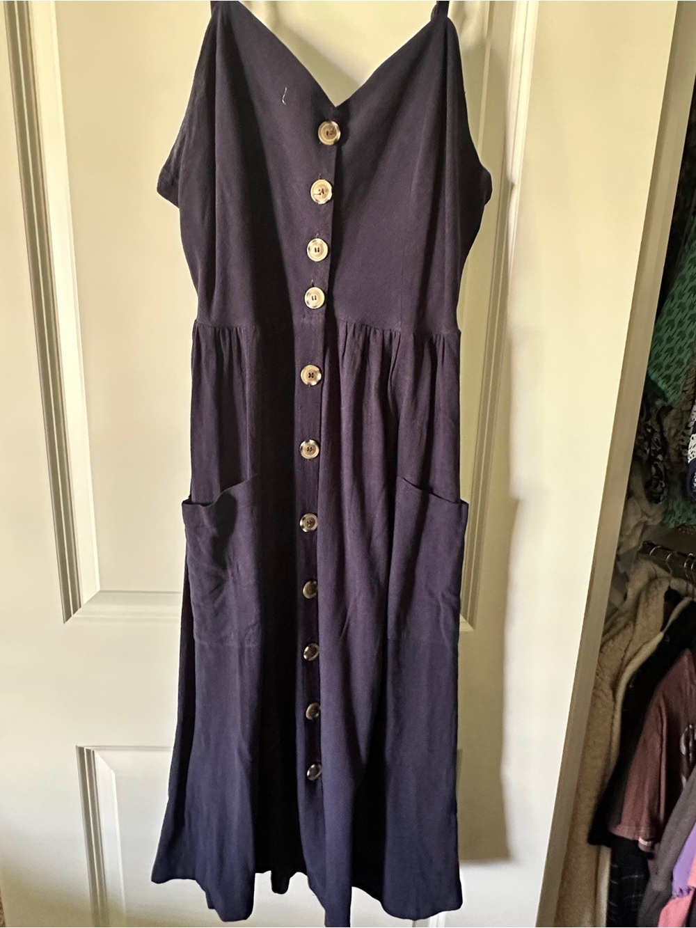 Soprano Navy Button-Front Midi Dress with Pockets